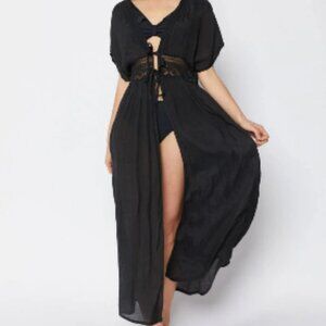Black Sheer Lace Tie-Front Kaftan Maxi Dress | One Size Boho Beach Cover-Up